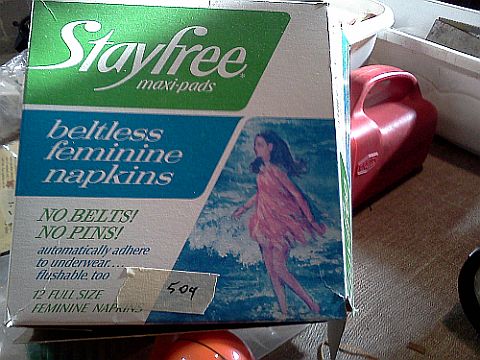 A box of Stayfree Maxi Pads found at an estate sale.
