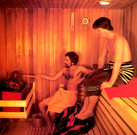 Two men hanging out in a sauna.