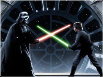 Luke Skywalker battles Darth Vader.