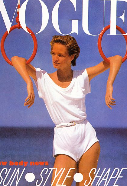 Cover of Vogue Magazine of model wearing white shorts jumper, 1980s.