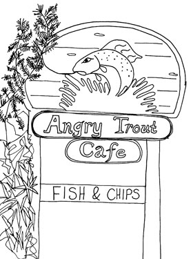 Sign for Angry Trout Cafe in Grand Marais, Minnesota.