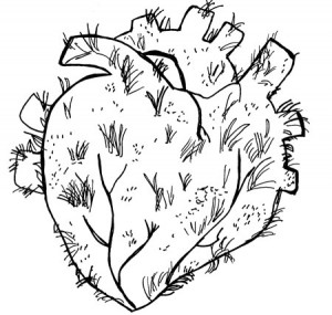 A drawing of a heart that is growing some hair.