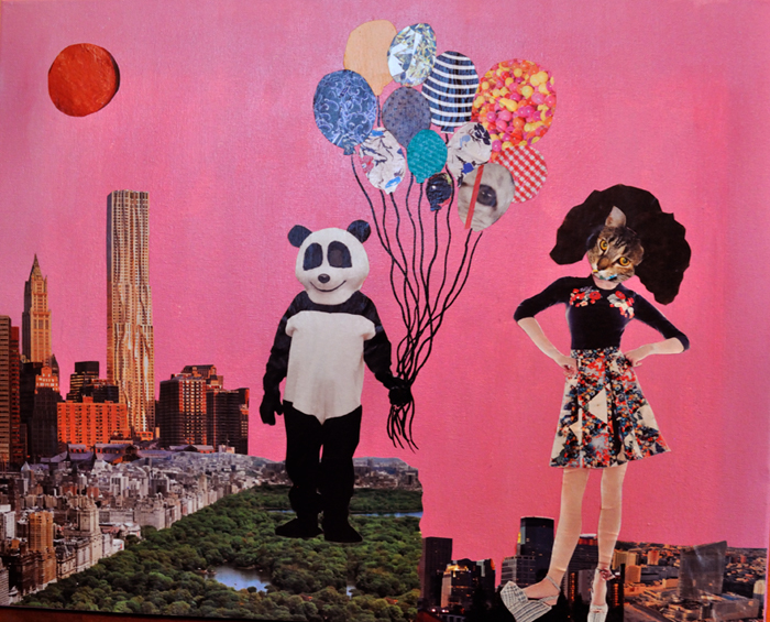 collage/painting of a panda and a cat woman in Manhattan