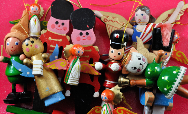 Group of wooden christmas ornaments from the 1970s