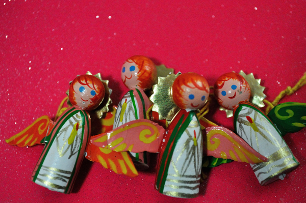 Group of tiny wooden angels from 1970s