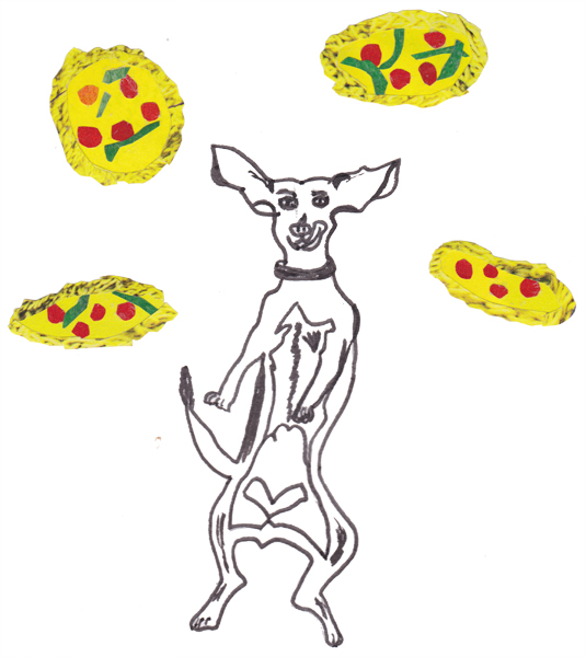 falling dog surrounded by falling pizzas