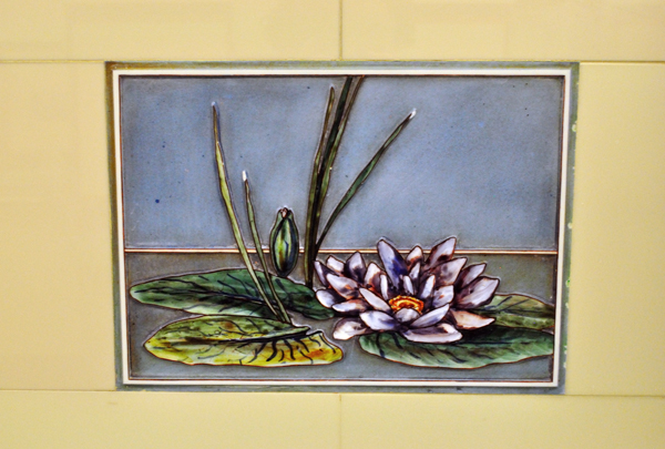 close-up of lily pad tile installed over sink