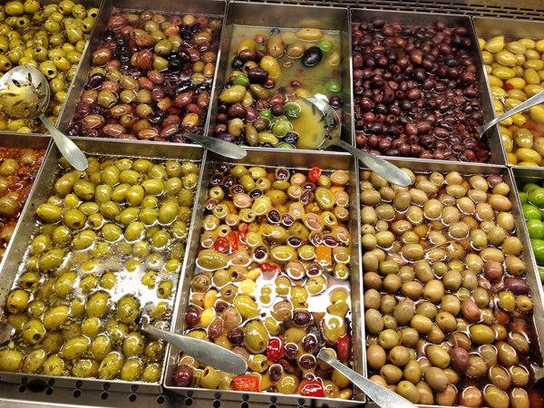 The olive bar at Whole Foods