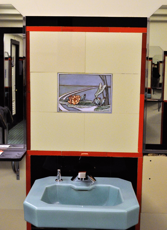 original prairie school tile over bathroom sink
