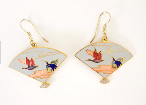 vintage cloisonne earrings of fans with cranes